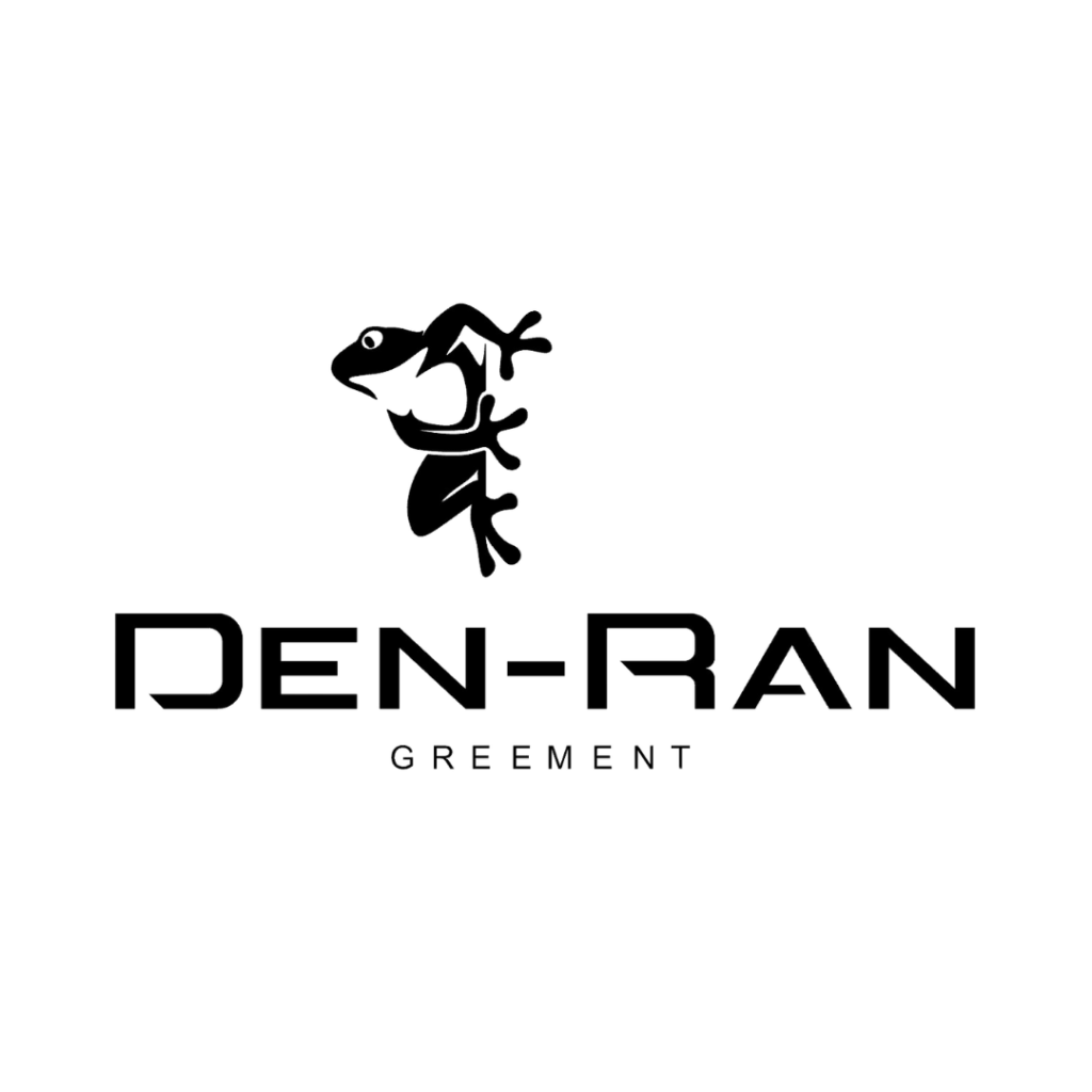 Logo Den-Ran Gréement avec une silhouette de grenouille noire et le nom de la société en lettres majuscules noires